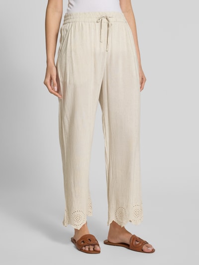 FREE/QUENT Wide leg stoffen broek met broderie anglaise, model 'Linus' Beige - 4