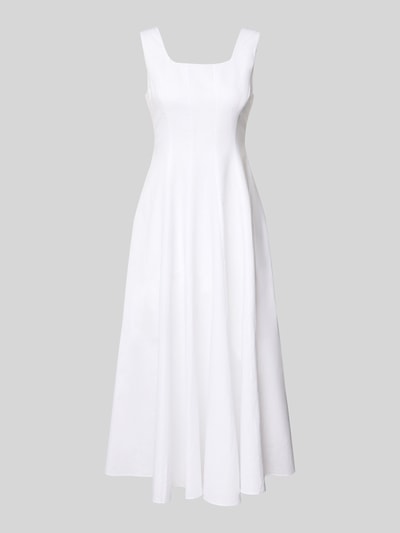 Produktfoto, weißes Damen Midikleid in A-Linie aus Baumwoll-Leinen-Mix mit Karree-Ausschnitt, Reißverschluss hinten, Modell 'ADDISA' von Ted Baker, Rückenlänge 111 cm, Brustweite 44 cm, klare Form und glatte Textur