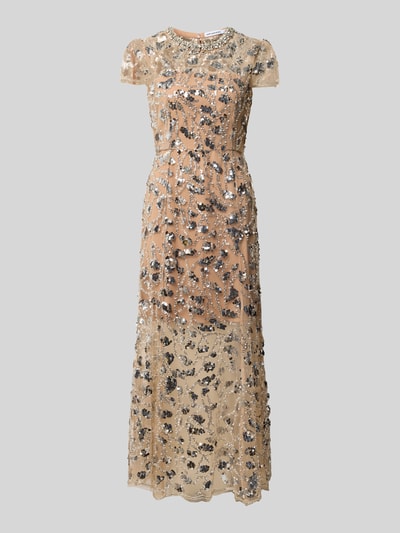 Produktfoto, Maxikleid mit Allover-Ziersteinbesatz von Self-Portrait, taillierte Passform, semitransparent, Rundhalsausschnitt, kurzärmelig, cremefarbener Stoff mit silbernem Glanz, Maße: Gesamtlänge 136 cm, Brustweite 45 cm, Taillenweite 37 cm, Ärmellänge 17 cm, Damen