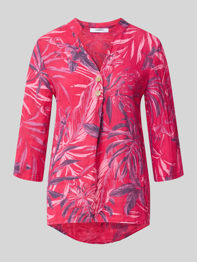Produktfoto, Leinenbluse aus reinem Leinen Modell 'Rikee' von ZABAIONE, rotes Blattmuster, V-hals, knoopsluiting, 3/4-mouw, licht getailleerde pasvorm, ruglengte maat S 68 cm, mouwlengte maat S 45 cm