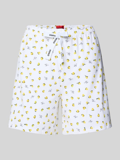 Produktfoto, Regular Fit Pyjama Shorts aus Modal-Mix mit Baumwoll-Anteil von HUGO, weiß mit gelbem Allover-Muster und elastischem Bund, Animal Print, Tunnelzug, Stretch-Material, glatte Oberfläche