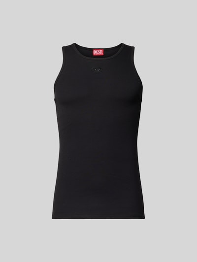 Produktfoto, schwarzes Tanktop mit Label-Stitching von Diesel aus Baumwoll-Elasthan-Mix, Slim Fit, gerippte Abschlüsse, Rundhalsausschnitt.