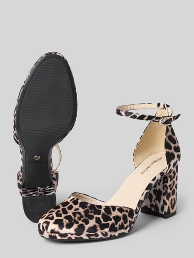 Produktfoto, Pumps mit hohem Blockabsatz von Tamaris, Satin mit Leopardmuster, abgerundete Spitze, Blockabsatz, Dornschließe mit Strassstein, strukturierte Sohle