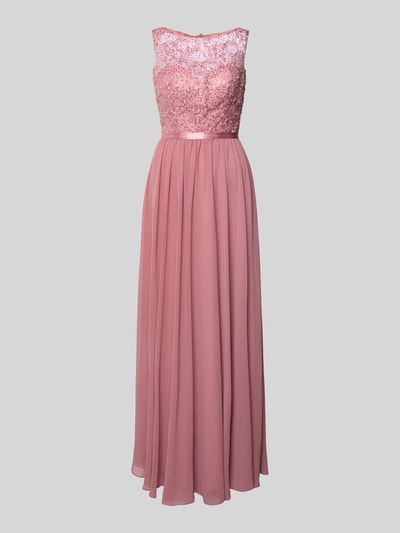 Produktfoto, różowe wieczorowe Abendkleid mit Paillettenbesatz von LUXUAR FASHION, bez rękawów, dopasowany krój, serduszkowy dekolt z tiulem, błyszczące cekiny, dekoracyjne szwy, transparentna góra, rozkloszowany dół, nieprześwitująca podszewka, zapięcie na zamek i haftki, długość pleców 157 cm, szerokość biustu 40 cm.