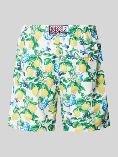 Produktfoto, Straight Fit Badeshorts mit Logo-Patch Modell 'Gustavia' von MC2 Saint Barth, floraler Allover-Print, bunte Farben, elastischer Bund, Gesäßtasche