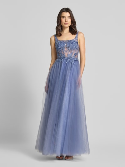 unique Abendkleid aus Tüll mit Stitchings und Pailletten Bleu 4