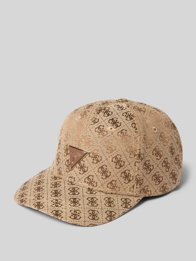 Produktfoto, Base Cap mit Allover-Logo-Print Modell 'Katya' von GUESS in Beige mit Logo-Applikation und Snapback, strukturierte Oberfläche