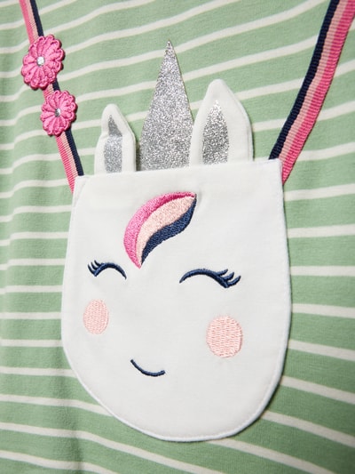 Produktfoto, Relaxed Fit Kleid mit Zierbesatz von Happy Girls aus elastischem Baumwoll-Mix, grün-weiß gestreift, Einhorn-Tasche, applizierte Blumen