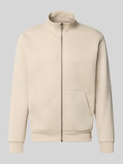 Produktfoto, cremefarbene Regular Fit Sweatjacke mit Baumwoll-Anteil Modell 'Bradley' von JACK & JONES, Stehkragen, Reißverschluss, geteilte Känguru-Tasche, Material-Mix, Größenangaben laut Kontext