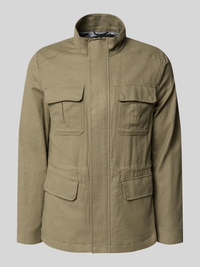 Produktfoto, Regular Fit Jacke aus Leinen-Mix mit Stehkragen von Geox in Olivgrün, vier AufgesetzteTaschen, Langärmelig, glatte Textur, Leinen-Baumwoll-Anteil