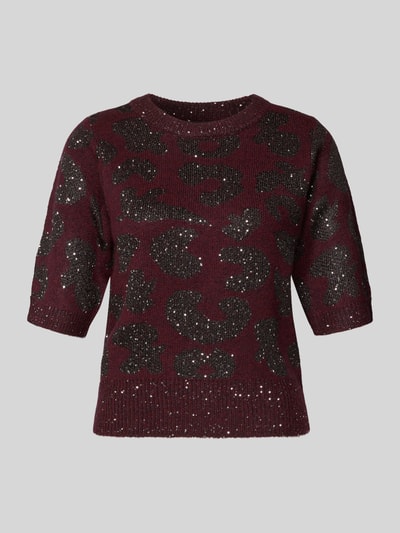 Produktfoto, Shaped Fit Strickpullover mit Woll-Anteil Modell 'ZUZU 2/4 O-NECK PULLOVER' van Vero Moda in bordeaux, abstract motief, pailletten, geribde boorden, glanzende unilook.
