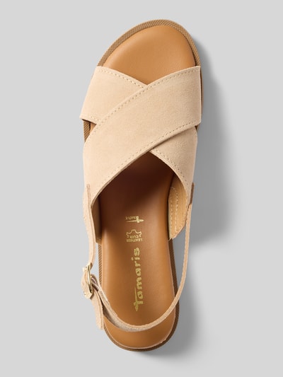 Produktfoto, Sandalen aus echtem Leder von Tamaris in Optik: Unifarben, Schuhspitze: Abgerundet, Absatzform: Blockabsatz, Applikation: Label-Prägung, Verschluss: Dornschließe, Sohle: Strukturiert, Materialverarbeitung: Veloursleder, Material: Echtleder