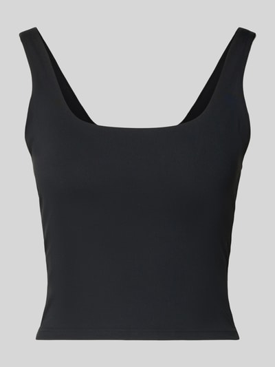 Produktfoto, Slim Fit Top mit integriertem BH Modell 'Pureluxe' von Fabletics in Schwarz, tiefer Rundhalsausschnitt, glatte Oberfläche.