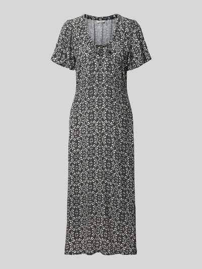 Produktfoto, zwart-wit midi-jurk met all-over dessin, recht model, zuiver viscose, ronde hals, vetersluiting, model 'MARYSVILLE' van Mustang.