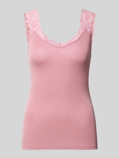 Produktfoto, Slim Fit Tank Top aus Viskose-Mix Modell 'ROSA' von Vero Moda in Rosa mit Spitzenbesatz, breite Träger, unifarbene Optik