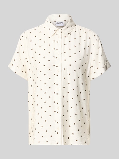 Produktfoto, Regular Fit Bluse aus Viskose-Mix im Allover-Look von Jake*s Casual, kremowe tło, brązowe kropki, kołnierzyk koszulowy, krótki rękaw z podwinięciem, krój regular fit, długość tyłu 61 cm, długość rękawa 17 cm