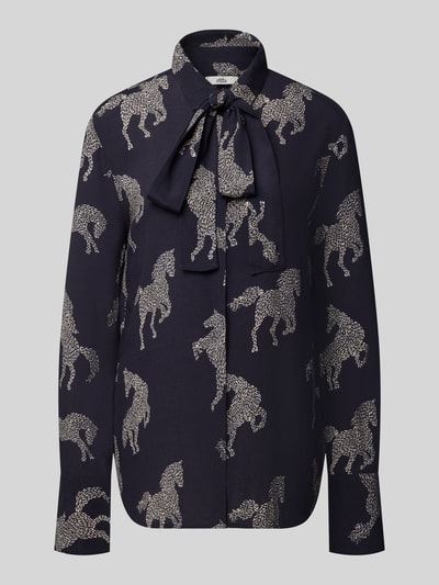 Produktfoto, Relaxed Fit Bluse aus reiner Viskose Modell 'ODETTA' von ODETTA, dunkelblau mit Allover-Motiv-Print, Zierschleife, Langarm