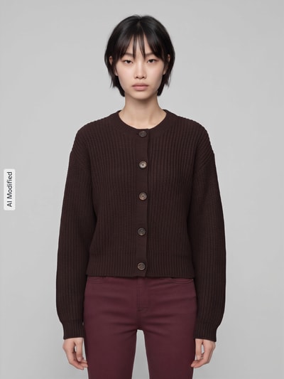 VERO MODA Loose fit gebreid jack met enkelrijige knoopsluiting model 'LEA' Chocoladebruin - 4