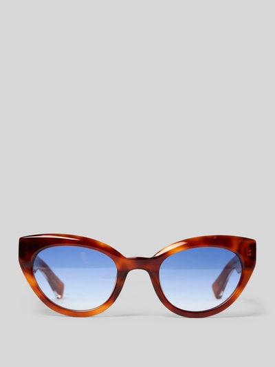 Produktfoto, Sonnenbrille mit Etui und Tuch Modell 'DONNHABL-REVEAL' von MESSY WEEKEND in Melange-Optik, Cat-Eye-Form, Blau-Gradient-Gläser, Metall Logo-Applikation