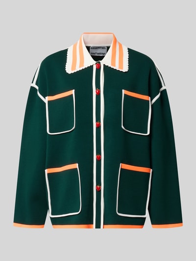 Produktfoto, Relaxed Fit Strickjacke mit Viskose-Anteil Modell 'KOKORICO' von Essentiel Antwerp, grün mit orangen und weißen Details, Damen Strickjacke von Essentiel Antwerp
