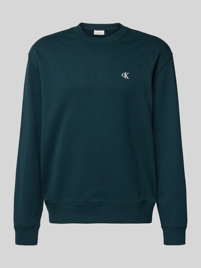 Produktfoto, Sweatshirt aus reiner Baumwolle von Calvin Klein Jeans in Dunkelgrün mit Rundhalsausschnitt, geradem Schnitt und Label-Stitching