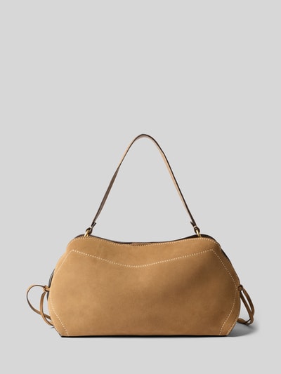 Produktfoto, Shoulder Bag aus echtem Leder mit Logo-Detail von Abro, kolor jasnobrązowy, ozdobne szwy, detal z logo, główna przegroda z zapięciem na magnes, w środku przegródka zapinana na zamek błyskawiczny, smukłe paski na ramię, szerokość w rozmiarze 1: 41 cm, długość w rozmiarze 1: 23 cm, głębokość w rozmiarze 1: 12 cm, długość paska na ramię w rozmiarze 1: 54 cm