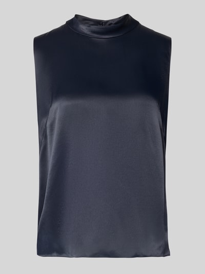 Productfoto, Regular Fit Blusentop uit pure viscose model 'BAURINA' van BOSS, effen donkerblauw satijn met labelapplicatie en ronde hals