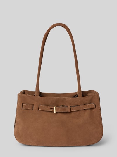 Produktfoto, Handtasche mit Label-Detail Modell 'JILL' van Abro, bruin suède, hoofdvak met magneetsluiting, draagband, binnenvak met ritssluiting, breedte 32 cm, lengte 20 cm, diepte 10 cm, schouderbandlengte 54 cm