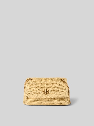 Produktfoto, Shoulder Bag in Flecht-Optik von Tory Burch in Beige mit Überschlag, Ketten-Optik Schulterriemen, Logo-Detail, Steckfach, Maße 22x13x6 cm