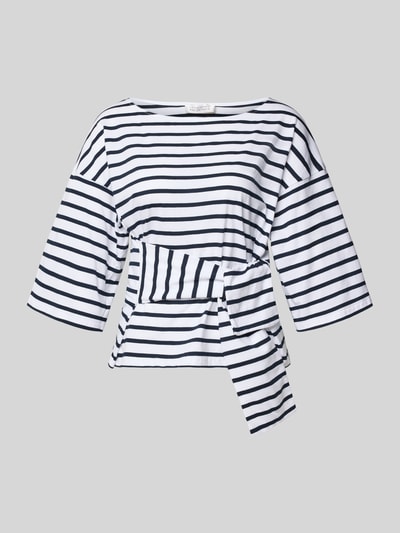 Produktfoto, T-Shirt mit Knotendetail Modell 'DAJANA' von GUIDO MARIA KRETSCHMER WOMAN, reine Baumwolle, tailliert, Rundhalsausschnitt, 3/4-Arm, weiß-blau gestreift, feine Stofftextur