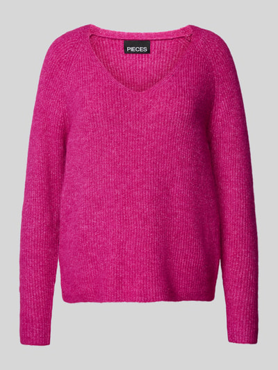 Pieces Regular Fit Strickpullover mit V-Ausschnitt Modell 'ELLEN' Pink 2