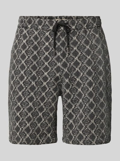 Produktfoto, Shorts im Allover-Look mit Kordelzug Modell 'CARLOS' von Redefined Rebel, Herren Shorts aus Reine Baumwolle, Regular-Fit, elastischer Bund, graues grafisches Muster, Bundweite bei Größe M 40 cm, Innenbeinlänge 19 cm.