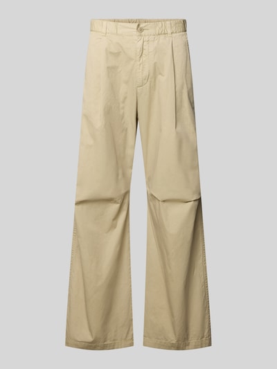 Productfoto, Hose mit französischen Eingrifftaschen Modell 'Ethan' van Wood Wood, beige katoen, uitlopende fit, elastische tailleband, context: heren broek, Franse steekzakken, achterzakken, maat M taille 42 cm, binnenbeenlengte 75 cm.