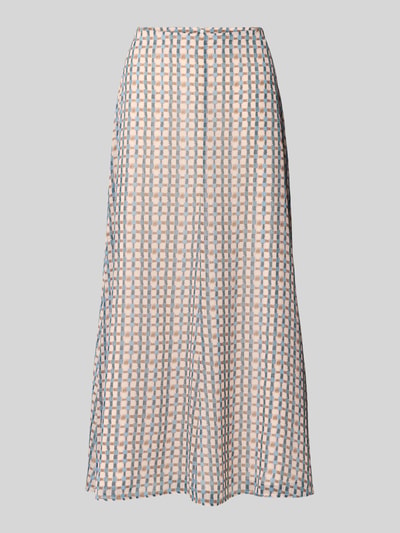 Produktfoto, Midirock im Allover-Look von Jake*s Collection in A-Linie, geometrisches Muster in Beige und Blau, strukturierte Oberfläche, rückseitiger Reißverschluss, Bundweite 36 cm, Länge 91 cm.
