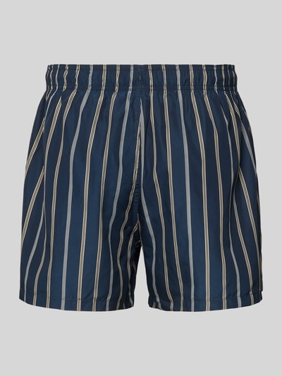 Produktfoto, Badehose mit Tunnelzug von Emporio Armani, dunkelblau mit beigen Streifen, Regular-Fit, elastischer Bund, Seitentaschen, Label-Stickerei