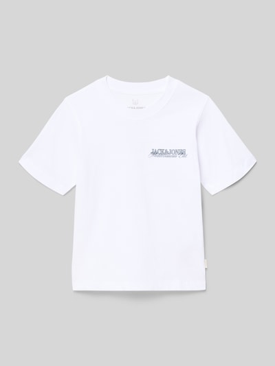 Produktfoto, weißes T-Shirt mit Statement-Print Modell 'CASSIS' von Jack & Jones, reine Baumwolle, Regular Fit, Rundhalsausschnitt, glatte Textur