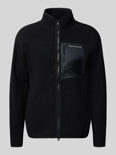 Produktfoto, czarna Fleecejacke mit Zweiwege-Reißverschluss Modell 'NatureRush' von PEAK PERFORMANCE, krój regular fit, stójka, kieszeń na piersi, teksturowany polar, długość tyłu w rozmiarze M 73 cm, długość rękawa 63 cm