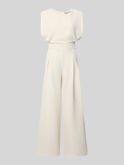Produktfoto, Regular Fit Jumpsuit mit Rundhalsausschnitt von Rinascimento, kremowy kolor, gładka tkanina, krój regular fit, taliowany, bez rękawów, szerokie nogawki, zakładki, elastyczny materiał, długość całkowita 150 cm, długość nogawki od wewnątrz 86 cm, szerokość w rozmiarze S: 45 cm, długość z tyłu w rozmiarze S: 50 cm.