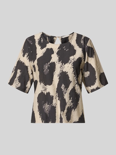 Produktfoto, Blusenshirt aus Viskose-Mix Modell 'Karalie Jusia' von MSCH Copenhagen, beige mit schwarzen Flecken, strukturierte Oberfläche, gerader Schnitt, Rundhalsausschnitt, Kurzarm