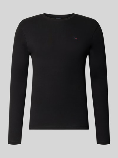 Produktfoto, Slim Fit Longsleeve met ribstructuur van Tommy Jeans, puur katoen, zwarte kleur, geborduurd logo, ronde hals.