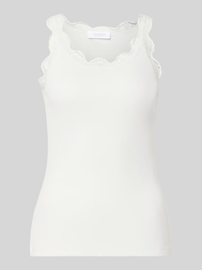 Produktfoto, Slim Fit Top met kant van puur katoen van Rich & Royal, dames top, ronde hals, ruglengte maat S 56 cm, wit, fijne ribstructuur, elegante kanten randen