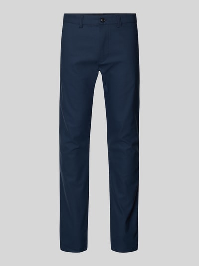 Produktfoto, Slim Fit Chino aus Baumwoll-Mix mit Leinen und Viskose-Anteil Modell 'Chino-Slim-2' von BOSS Orange, denimowa optyka, krój slim fit, średni stan, label patch, zapięcie na guzik i ukryty zamek, kieszenie boczne i tylne, splot skośny, bawełniany mix z lnem i wiskozą