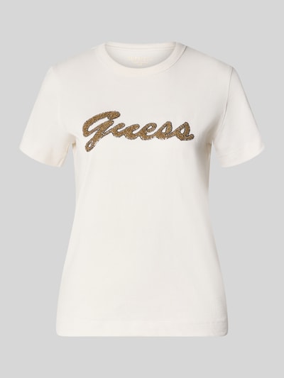 Produktfoto, T-Shirt mit Logo aus Perlen von GUESS, damski t-shirt z bawełny, krój regular fit, logo, perły, okrągły dekolt, długość tyłu w rozmiarze S: 58 cm