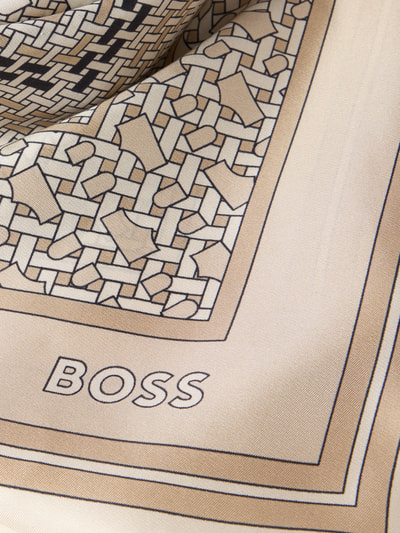 Productfoto, Tuch aus reiner Seide Modell 'LAINY' van BOSS met all-over motief, abstract/gebloemd patroon, logoprint, materiaal: zuiver zijde, zachte beige en zwarte kleuren, gladde textuur