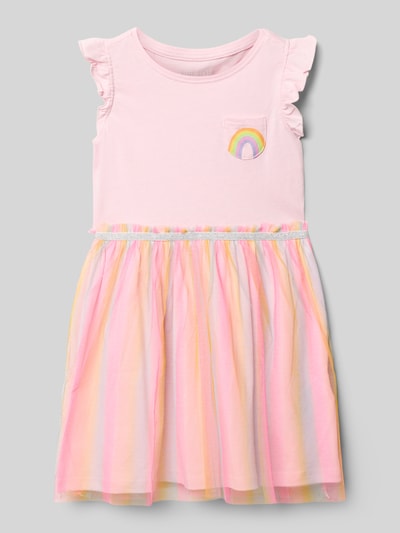 Produktfoto, Kleid mit Brusttasche und Rundhalsausschnitt von Blue Seven, kinder, Reine Baumwolle, A-Linie, 2-in-1-Look, Regenbogenfarben, Rückenlänge bei Größe 116: 23 cm