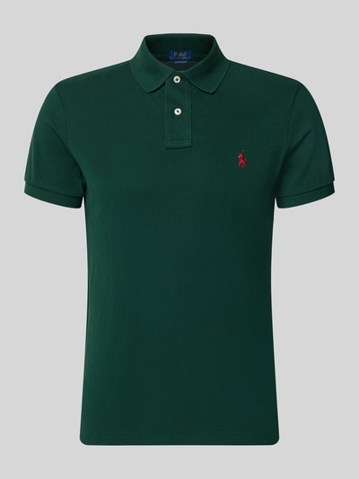Produktfoto, Slim Fit Poloshirt aus reiner Baumwolle von Polo Ralph Lauren in dunklem Grün, Logo-Stitching, Piqué-Struktur, kurze Ärmel