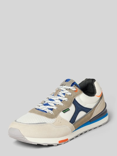 Productfoto, Sneaker aus Leder-Mix van BULLBOXER in beige met blauwe en oranje accenten, ronde vorm, structuurzool, labeldetails, vetersluiting, contrasterende inzet, suède textuur, hakhoogte 4 cm, schachthoogte 7 cm, schachtwijdte 9 cm.
