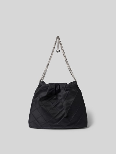 Produktfoto, Handtasche in Stepp-Optik von Tory Burch in Schwarz mit Ketten-Trageriemen, Magnetverschluss, Logo-Detail, rechteckige Form, samtige Oberfläche