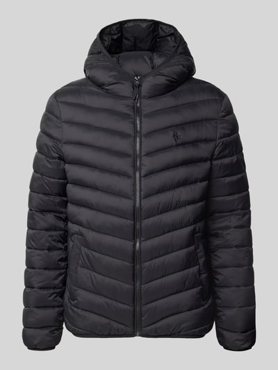 Produktfoto, zwarte gewatteerd jack met capuchon, ritssluiting, labelstitching, steekzakken, Steppjacke mit Kapuze und Label-Stitching van REVIEW, regular fit, ruglengte maat M 69 cm, schouderbreedte 47 cm, borstwijdte 53 cm, mouwlengte 67 cm