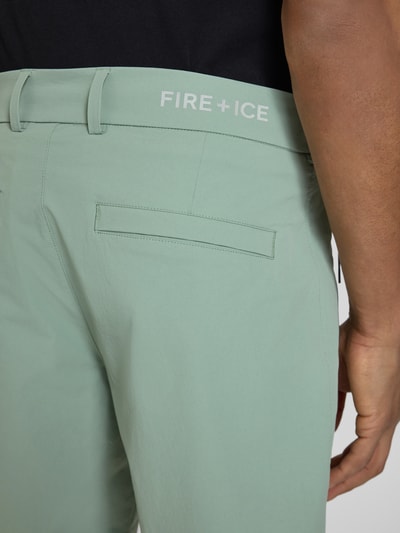 Männermodel trägt Shorts mit Reißverschlusstaschen Modell 'VIDAL2' von FIRE + ICE in Mintgrün, Material-Mix mit Stretch, Nahaufnahme Rückansicht.